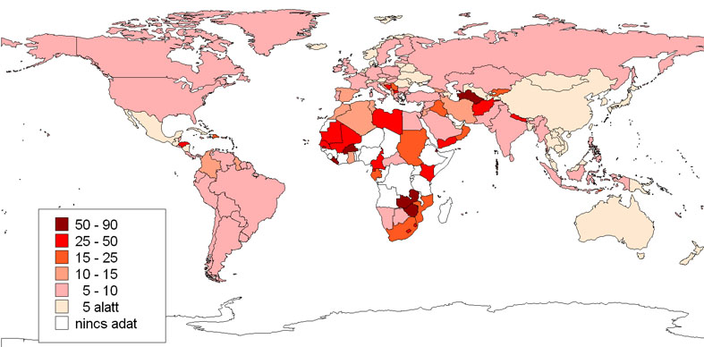 Munkanélküliség a világ országaiban, százalék, 2009 (CIA World Factbook alapján szerk.: Pirisi G.)