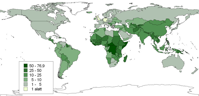A mezőgazdaság részararánya a világ országainak GDP-jéből, %, 2009 (Forrás: FAO adatai alapján szerk.: Pirisi G.)