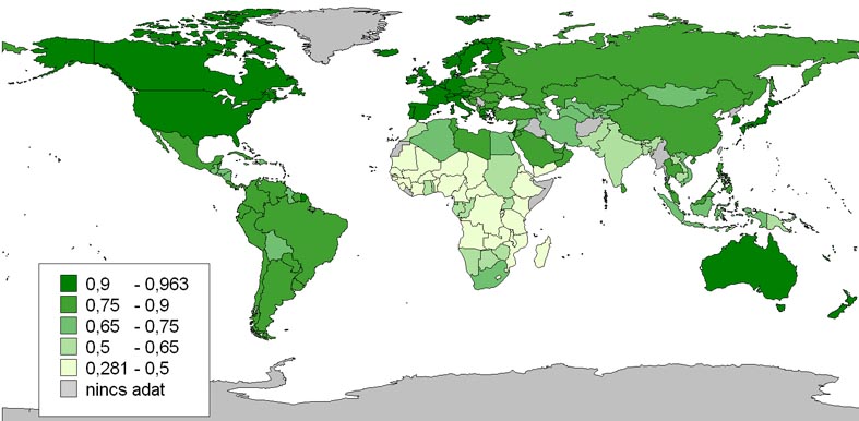 Centrumok és perifériák a globális térben: az emberi erőforrás indexe (HDI) jól kirajzolja a világ fejlettebb és elmaradott térségeinek határát (United Nations Human Development Report adatai alapján szerk.: Pirisi G.)