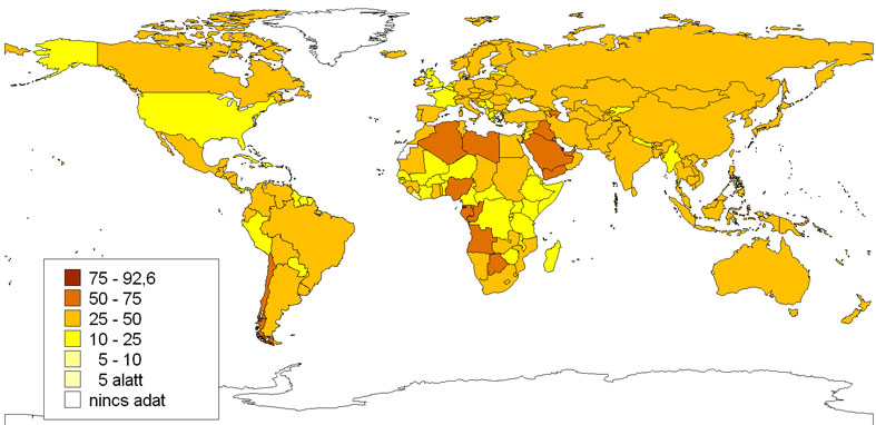 Az ipar aránya az egyes országok GDP-jében, %, 2009 (Forrás: CIA World Factbook alapján szerk.: Pirisi G.)