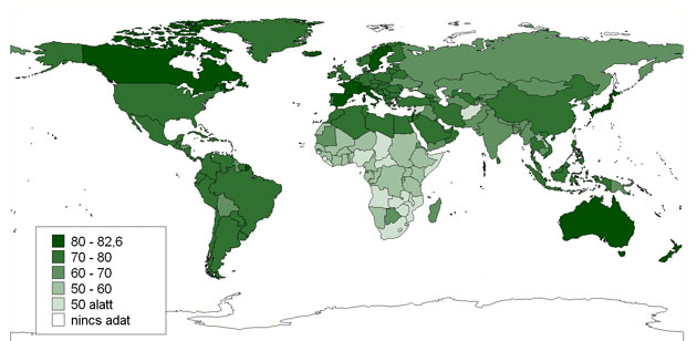 Születéskor várható élettartam a világ országaiban, 2009 (CIA World Factbook alapján szerk.: Pirisi G.)