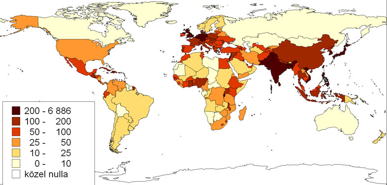 A világ országainak népsűrűsége, fő/km2, 2009 (US Census Bureau adatai alapján szerk. Pirisi G.)