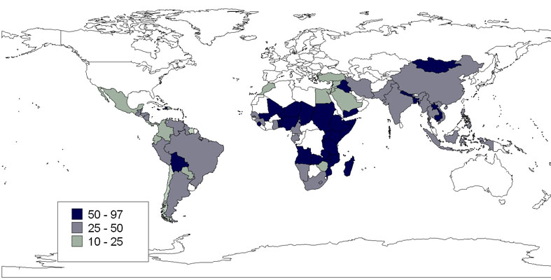 A nyomornegyedek lakosságának aránya a teljes urbánus népességen belül, 2008 (Forrás: UN Habitat alapján szerk.: Pirisi G.)