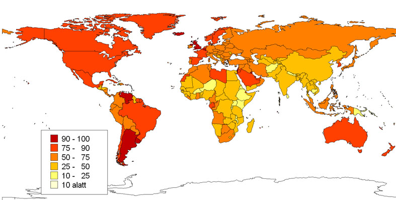 A világ országainak urbanizációs rátája, %, 2008 (Forrás: UN Habitat alapján szerk.: Pirisi G.)